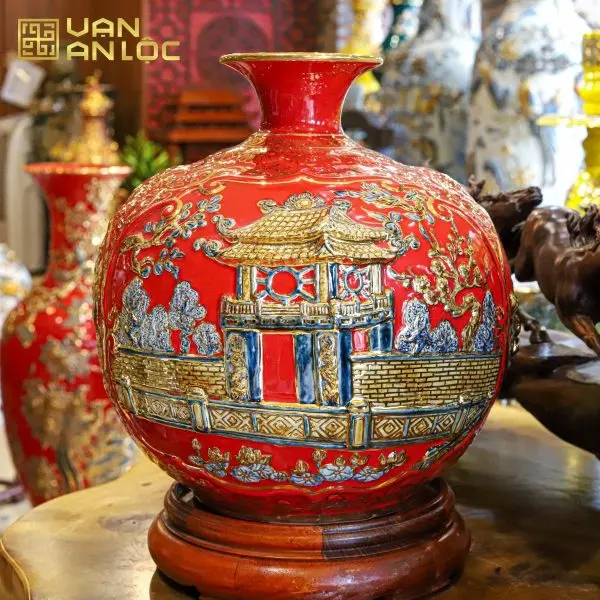 Bình Hút Lộc Hà Nội Men Đỏ Vẽ Vàng Bát Tràng 
