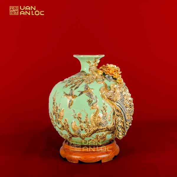 Bình Hút Lộc Công Danh Phú Quý Men Xanh Ngọc Vẽ Vàng Bát Tràng 