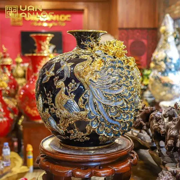 Bình Hút Lộc Công Danh Phú Quý Men Xanh Coban Vẽ Vàng Bát Tràng 