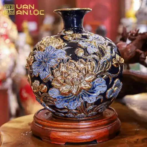 Bình Hút Lộc Liên Hoa Cát Tường Men Xanh Coban Vẽ Vàng Bát Tràng