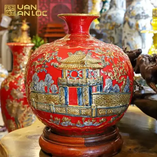 Bình Hút Lộc Hà Nội Men Đỏ Vẽ Vàng Bát Tràng 