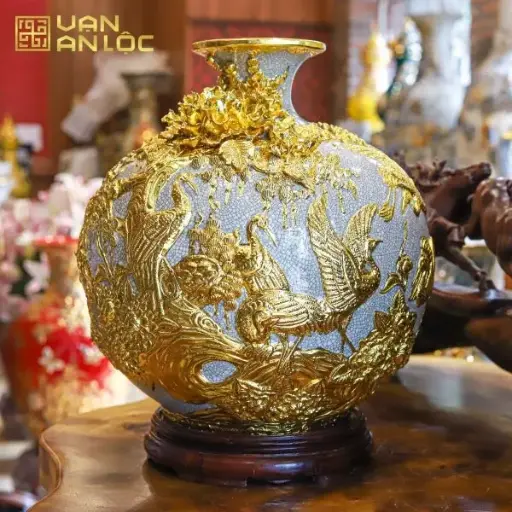 Bình Hút Lộc Diên Niên Trường Thọ Men Vàng Vẽ Vàng Bát Tràng 