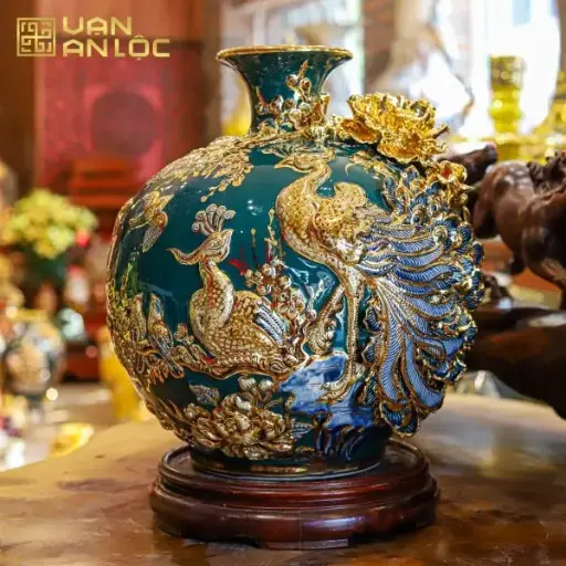Bình Hút Lộc Công Danh Phú Quý Men Xanh Lục Bảo Vẽ Vàng Bát Tràng 