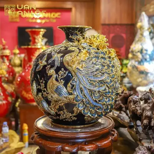 Bình Hút Lộc Công Danh Phú Quý Men Xanh Coban Vẽ Vàng Bát Tràng 