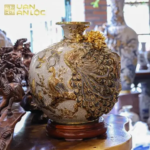 Bình Hút Lộc Công Danh Phú Quý Men Rạn Vẽ Vàng Bát Tràng 