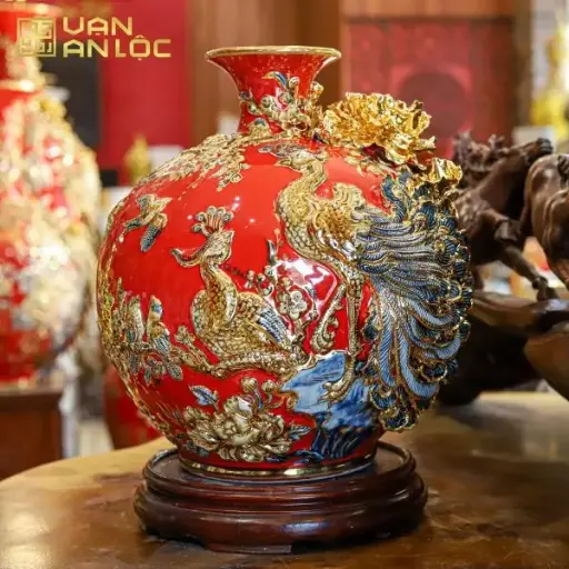 Bình Hút Lộc Công Danh Phú Quý Men Đỏ Vẽ Vàng 