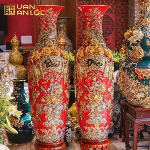 Lộc Bình Phúc Đức Men Đỏ Đắp Nổi Vẽ Vàng Bát Tràng 
