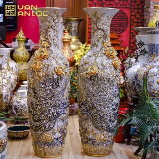 Lộc bình Phú Quý Trường Xuân Đắp Nổi Men Rạn Vẽ Vàng Bát Tràng 